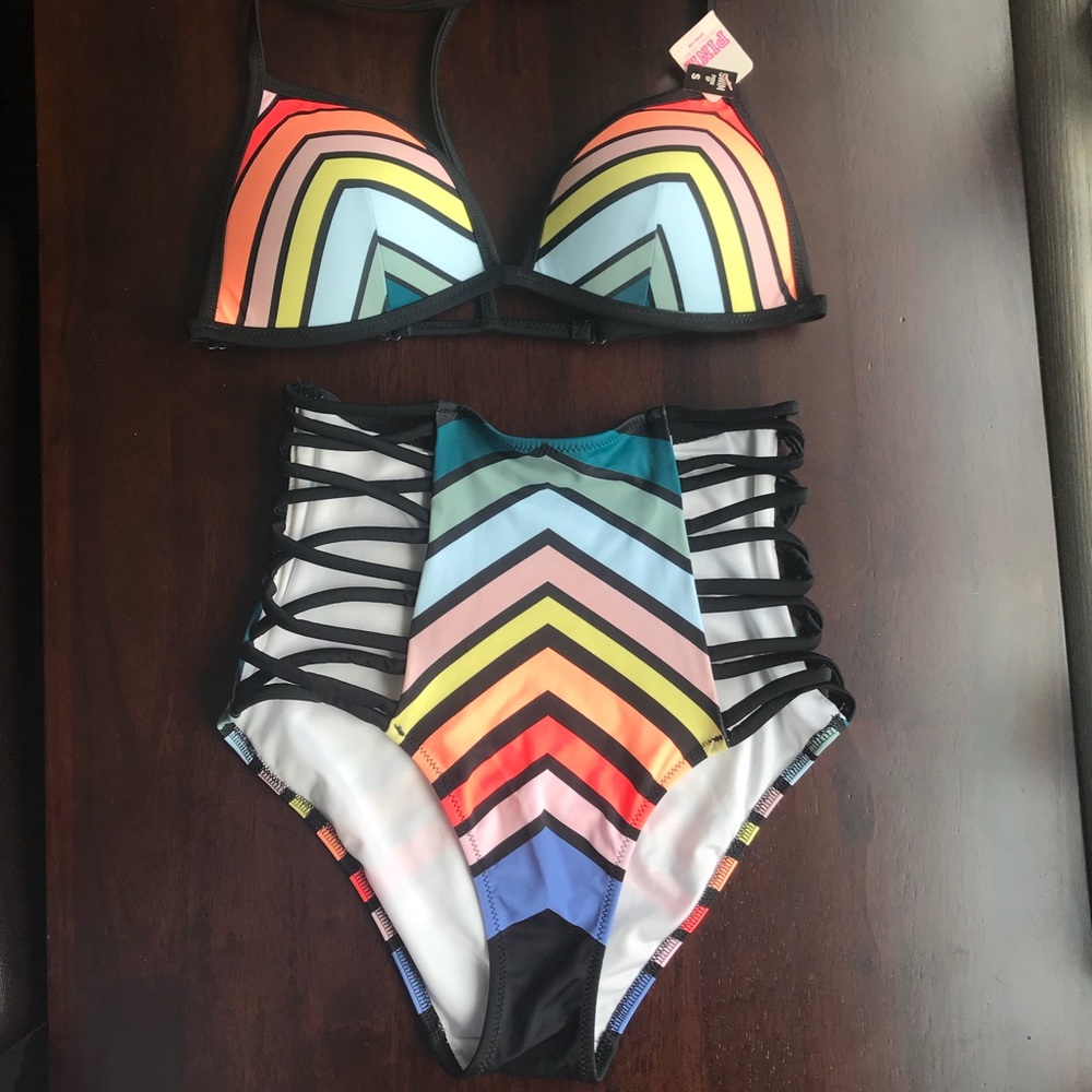 PINK High-waisted Stripe Swimsuit w/Push Up Top